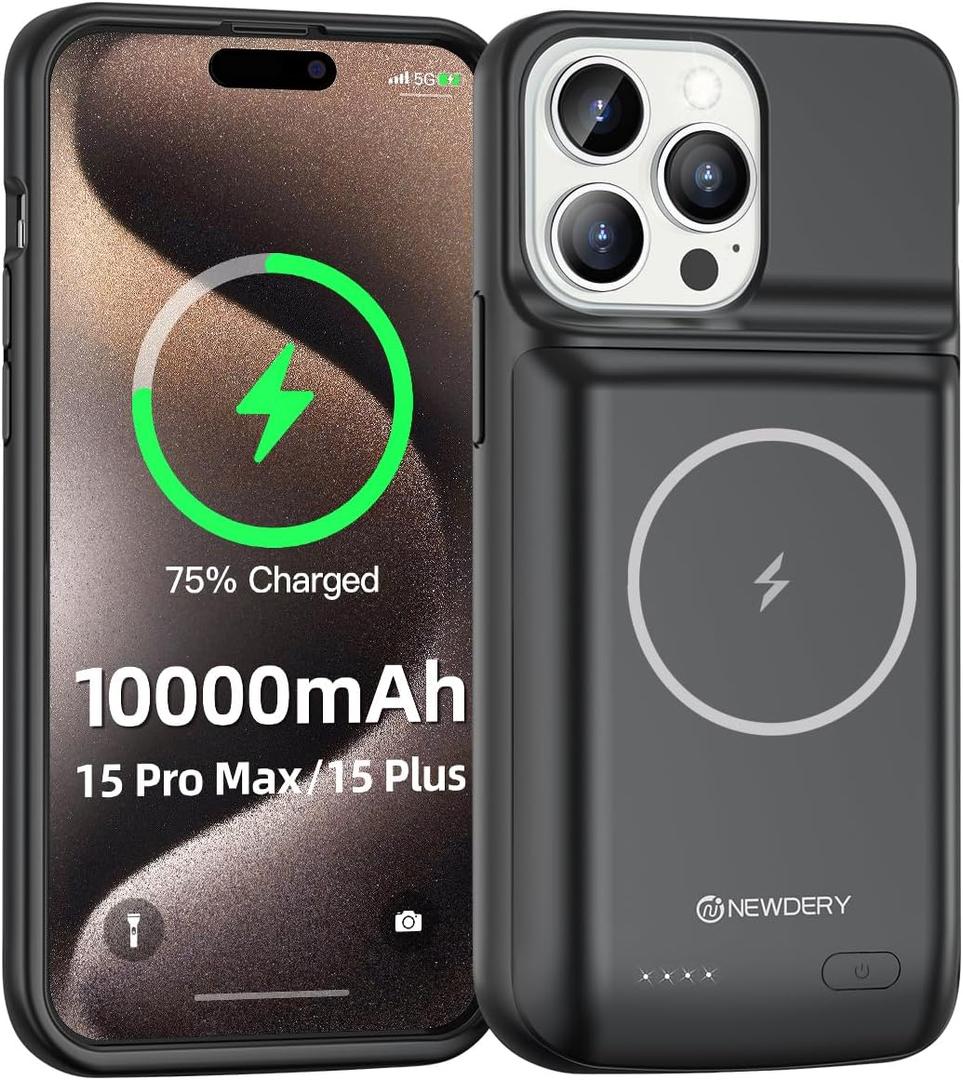 NEWDERY 10000mAh Battery Case for iPhone 15 Pro Max/Plus, USB C Qi Wireless Charging,Portable Protective Charger Case Battery Pack