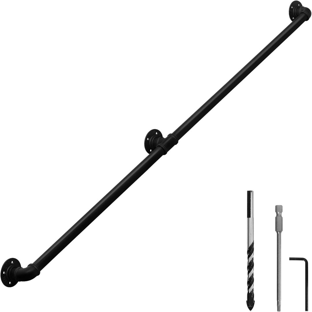 HouseAid 6.6FT Industrial Pipe Wall Handrail, Farmhouse Stairway Railing with 1-1/4 Inch Diameter Pipe, Vintage Style Stairs Handrail, Wall Mounted, Matte Black (6.6 ft)