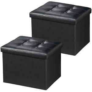 Bsketa 2PC Storage Ottoman, Folding Foot Stool with Thicker Foam Padded Seat Small Leather Storage Ottoman Bench Foot Rest for Living Room Foldable Coffee Table 17x13x13in, Black
