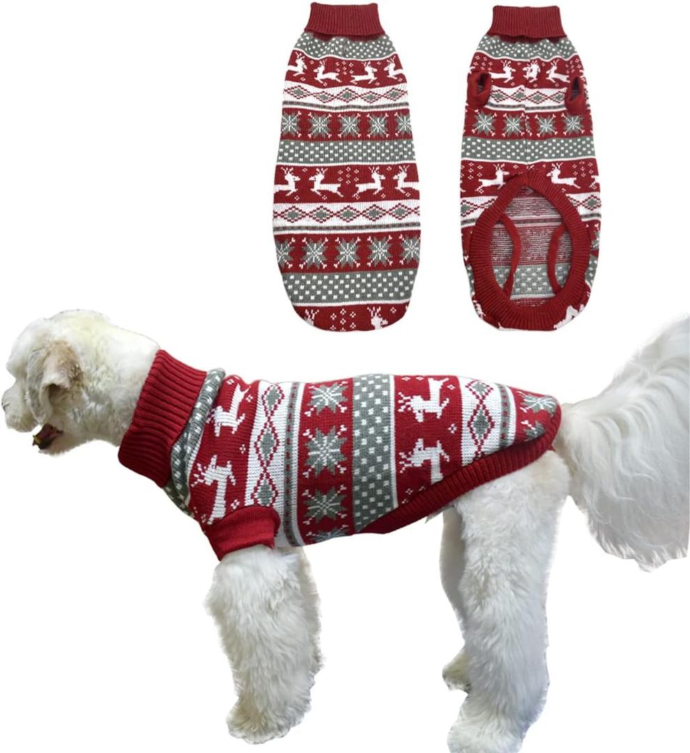 Vehomy Dog Christmas Sweater Xmas Pet Winter Knitwear Clothes Classic Warm Turtleneck Sweater Reindeer Snowflake Argyle Sweater Outfit for Medium Large Dogs M