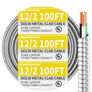 12/2 MC Cable with Ground 100 ft, 12 Gauge 2 Conductors Electrical Wire with Aluminum Armor, Solid Pure Copper Cable for Indoor and Outdoor Underground Installation, UL Listed
