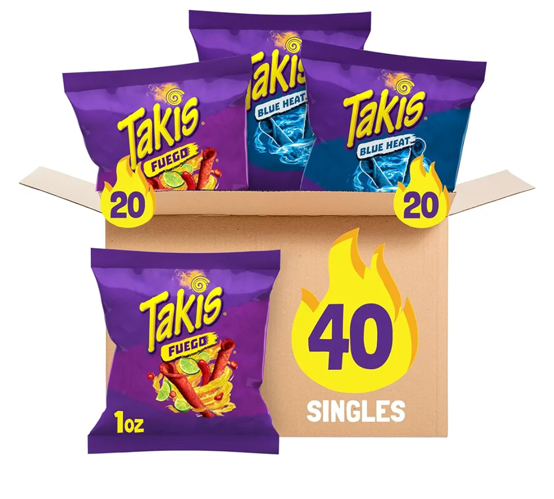 Takis 40 pc / 1 oz Variety Pack - Fuego & Blue Heat Flavored Rolled Tortilla Chips - (20) Fuego, (20) Blue Heat - Perfect for Tailgates, Parties, or the Office, BBD: 02.24.2026