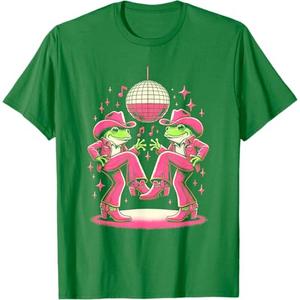 Funny Frog In Pink Cowboy Costume Disco Dance 60s 70s Party T-Shirt (Small, Green)