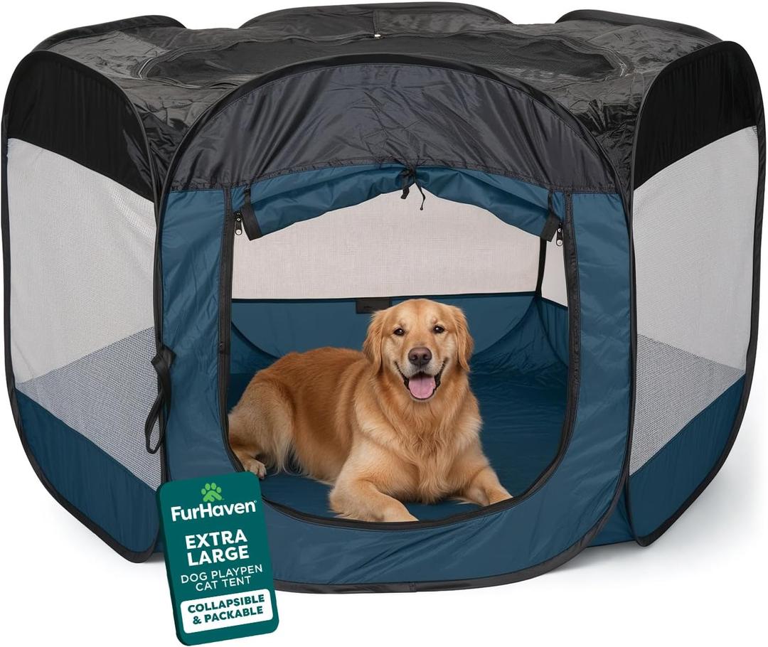 FurHaven Portable Pet Playpen for Dogs & Cats, Extra Large Indoor Kitten Playpen with Mesh Sides, Foldable Dog Playpen for Large Dogs, Pop Up Travel Dog Pen, X-Large, Sailor Blue