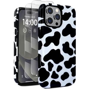 J.west Compatible with iPhone 16 Pro Max Case 6.9inch with 2 Pack Tempered Glass Screen Protectors Animal Cow Print Hybrid Cover for Girls Women Protective Phone Cases (Black White)