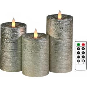 Shiny Metallic Silver Flameless Pillar Candles, Patented 3D Realistic Moving Flickering Flame with Remote Timer, Battery Operated 400hrs for Wedding, Holiday, Party, Decor, Gift(Set of 3)
