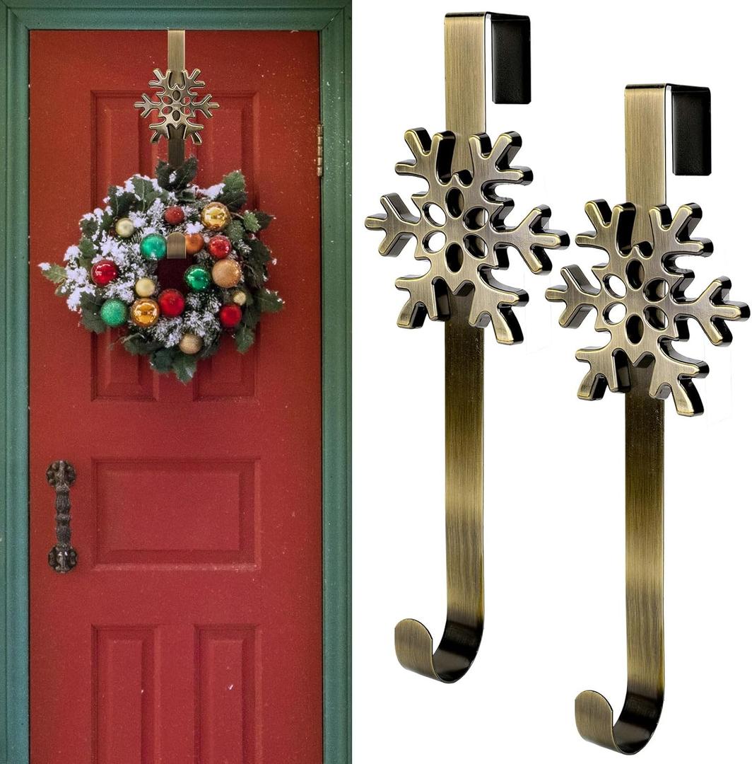 2Pcs Christmas Wreath Hangers Over The Door Metal Wreath Hooks Snowflake Decorative Hooks for Xmas Party Decor Home Office Wall Door, Gold, 14.6 Inch