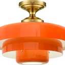 Mid Century Ceiling Light Fixtures Orange Chandelier 3-Layer Gold Dome Ceiling Lamps, Metal Orange Finish, Gold Semi Flush Mount Light Fixtures for Dining Room, Hallway