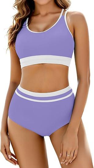 Arolina Women's High Waisted Bikini Sets Cheeky Two Piece Swimsuits Color Block Sporty Bathing Suits High Cut Swimwear Medium