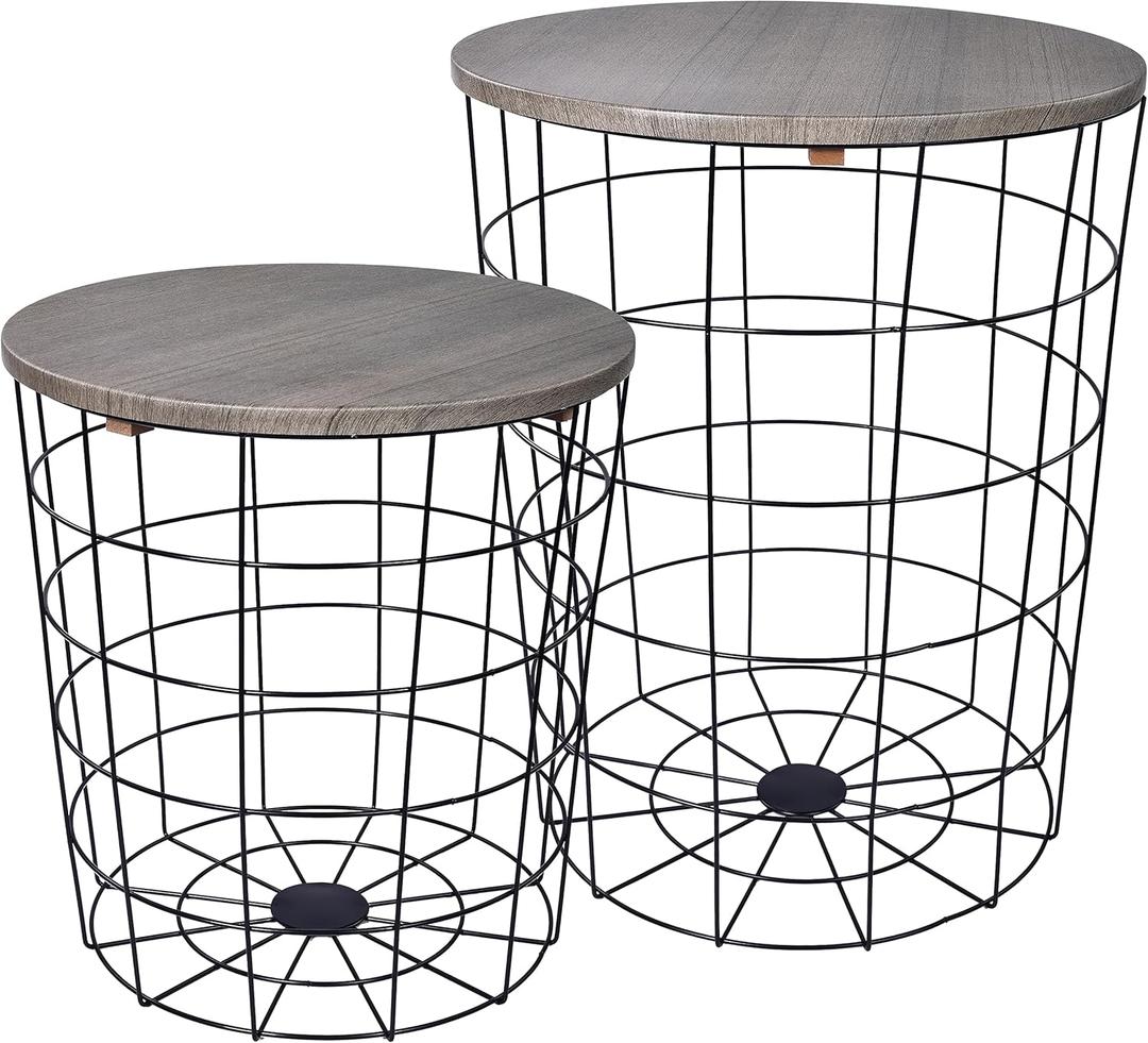Elevon Nesting Table End Table Wire Basket Base with Wood Tops Side Table Set of 2, Gray (Grey)