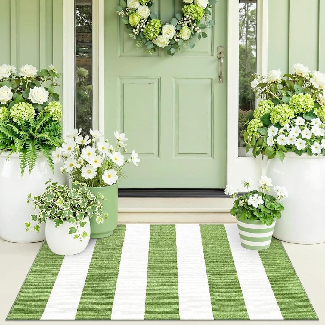OLANLY Green and White Striped Rug 3' x 5' – Washable Cotton Indoor Outdoor Doormat for Front Door, Entryway, Kitchen, Porch, Patio Decor