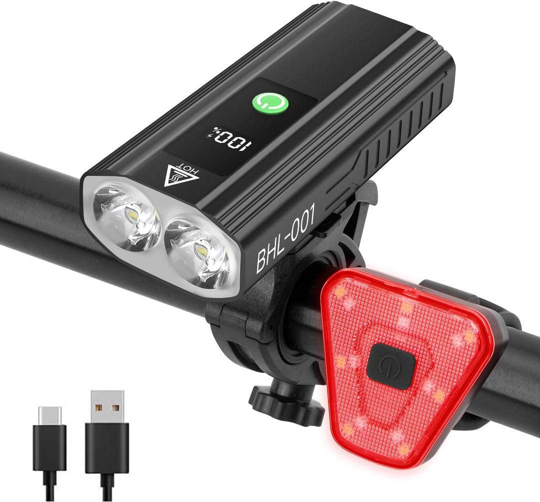 3000 Lumens Super Bright Bike Lights for Night Riding, 5000mAh USB C Rechargeable LED Bicycle Light Front and Rear, Headlight and Back Tail Light Set for Road Mountain (Black, 1 Set)