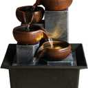 Indoor 4-Tier Relaxation Tabletop Fountain Waterfall Function with Warm Color LED Lights and 3-Level Adjustable Water Pump for Home and Office Decoration Brown