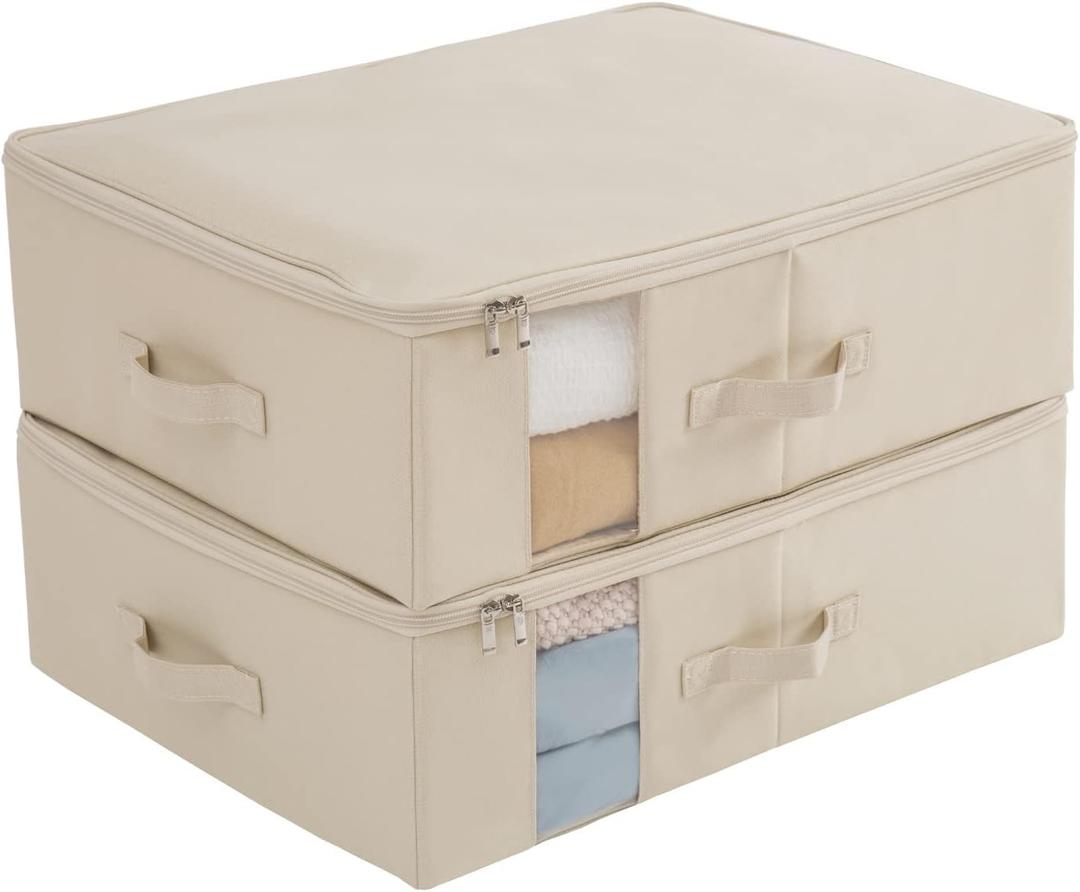 Under Bed Storage Containers Bags for Clothes, Blanket, Comforters Organizer with Clear window - 600D Cationic Fabric (M(21.7x16.5x7in) for under bed storage, Beige)