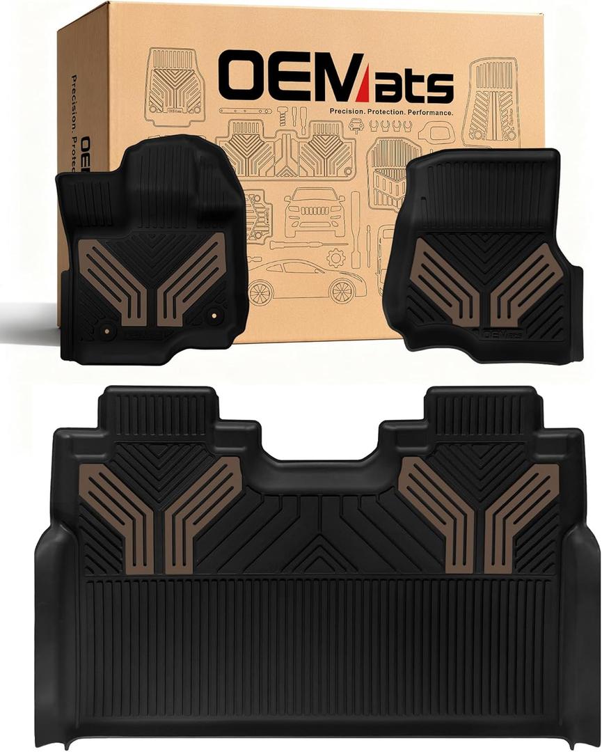 Premium Color TPE Floor Mats for Ford F-150 2015-2026 | Saddle Brown Wing Design| F150 Lightning 2022-2025 SuperCrew (Rear w/o Fold Flat Storage) | Heavy Duty Car Carpet All-Weather Protection