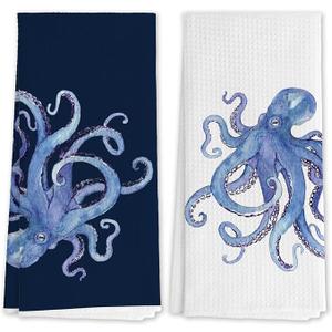 Navy Blue Octopus Coastal Beach Kitchen Towels, Octopus Lover Gifts Decorative Hand Towels for Bathroom, Nautical Ocean Animal Dish Tea Towel for Kitchen Decor, 16x24 Inch Set of 2