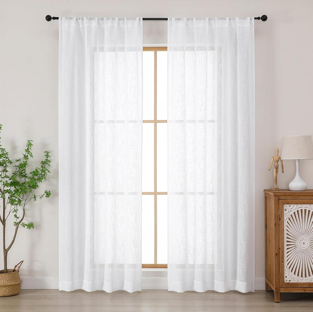 Chyhomenyc White Semi Sheer Curtains 84 Inches Long 2 Panels Set, Light Filtering Faux Linen Slub Textured Burlap Curtain for Bedroom, Elegant Rod Pocket Window Curtains Drapes, Each 42Wx84L