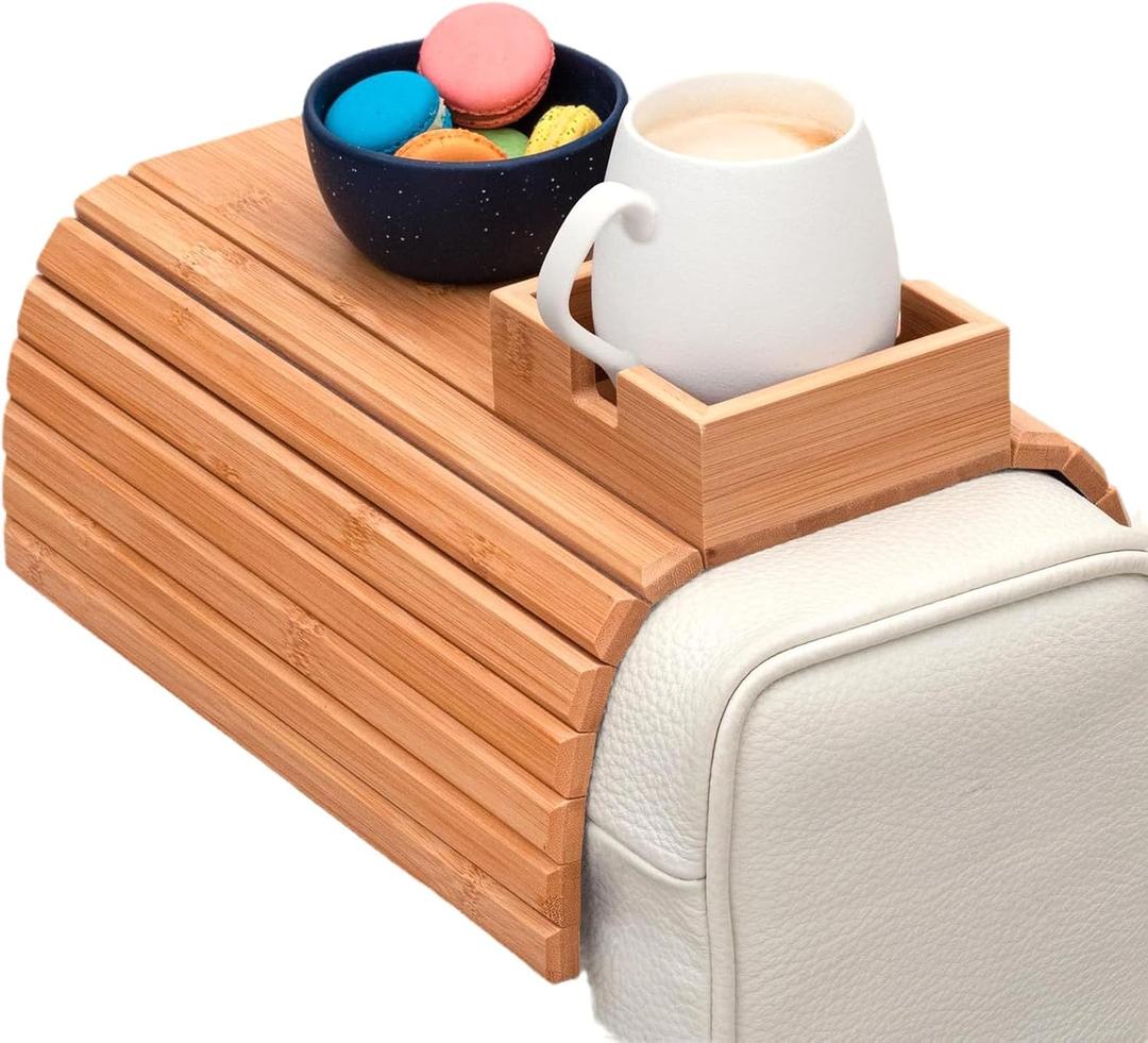 Sofa Arm Tray Table with Cup Holder, Bamboo Couch Armrest Organizer for Remote, Phone, Snacks, Foldable Non-Slip Couch Arm Table Fits Most Sofas, Couches and Recliners