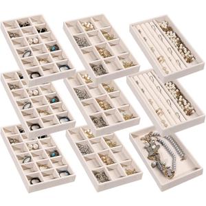 Frebeauty Jewelry Organizer Tray, Stackable Velvet Jewelry Trays, Drawer Inserts Earring Organizer For Women Jewelry Storage Display Case for Rings Stud Necklaces, Set of 9(Beige)