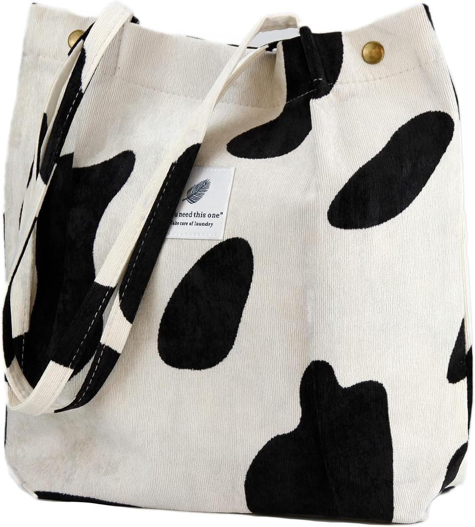 TOPASION Corduroy Tote Bag for Women Cute Reusable Bag with Inner Pocket for Shopping Grocery Beach (Cow)