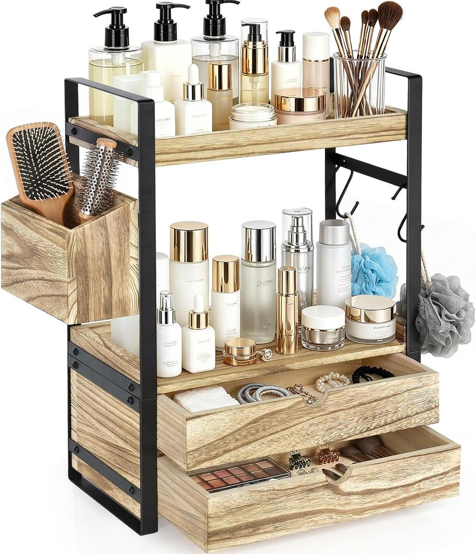 2-Tier Bathroom Counter Organizer with 2 Drawers, Basket and Hooks, Wood Bathroom Organizers and Storage for Countertop, Farmhouse Bathroom Countertop Organizer for Vanity, Kitchen, Coffee Bar, Office