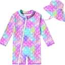 UNIFACO Infant Baby Girl Swimsuit Full Zipper Bathing Suit with Sun Hat UPF 50+ Long Sleeve Rash Guar Swim Suit (9-12 Months)