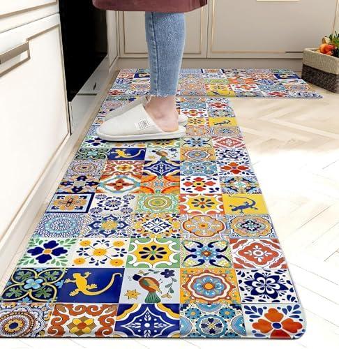 Amazon.com: weesire Boho Kitchen Rugs Set 2 Pieces Memory Foam Colorful Ceramic Comfort Tile Floor Mat Anti Fatigue Non-Skid PVC Runner Rug Water & Oil Proof Carpet for Kitchen Laundry Sink,17.3x28+17.3x47 Inch: Home & Kitchen