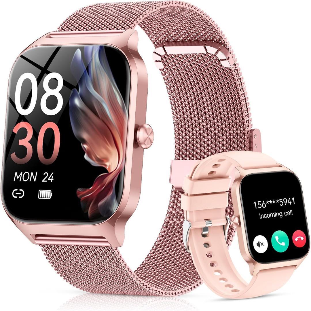 CASCHO Smart Watch for Women (2 Bands), Bluetooth Call Smartwatch with AI Voice,1.85" HD Fitness Watch,Heart Rate/SpO2/Steps/Sleep Monitor,120+ Sports Modes,IP68 Waterproof Watch for Android iOS-Rose