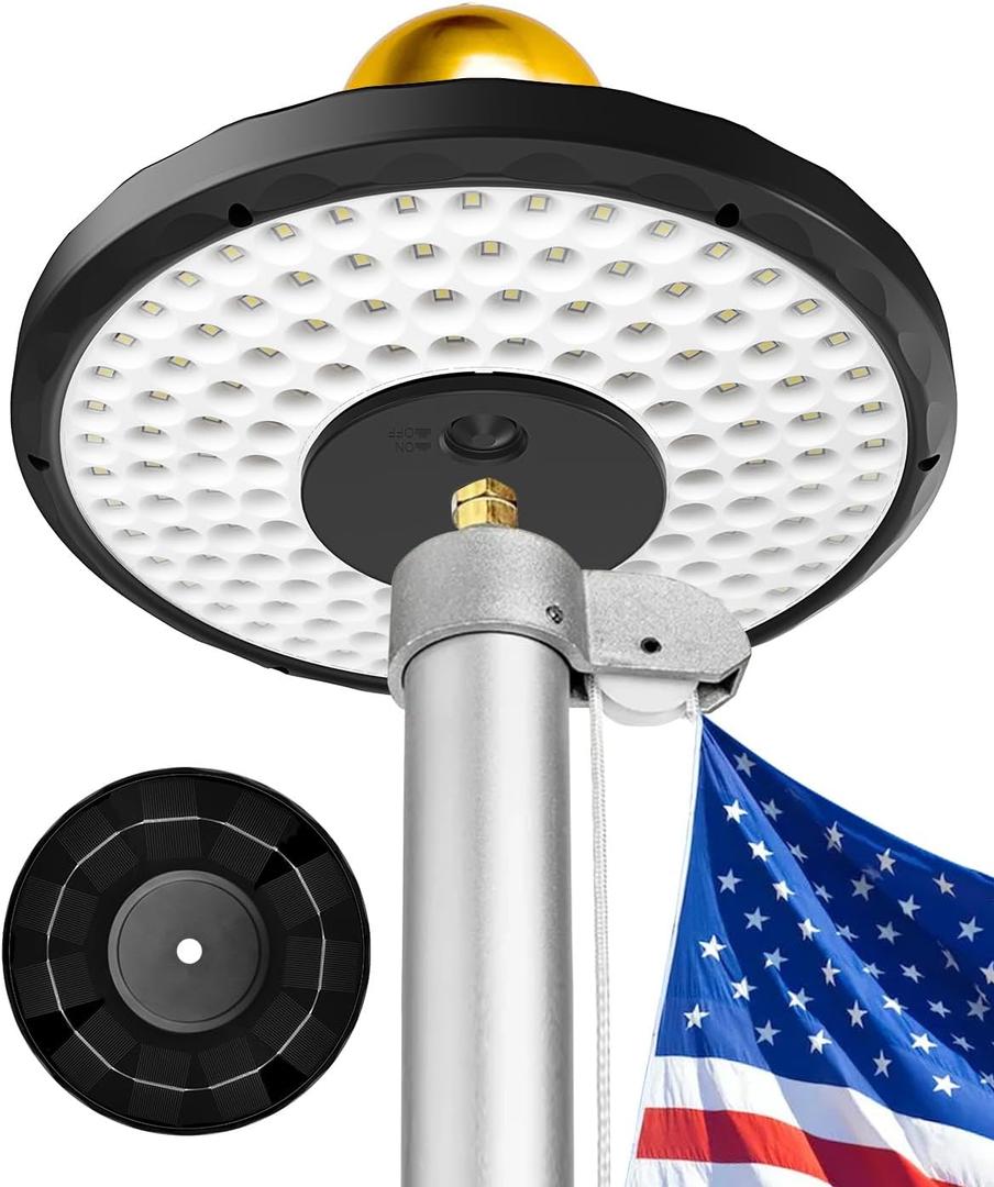 Flag Pole Light Solar Powered, 132 LED Ultra-Bright Flag Light with 2600mAh Rechargeable Battery Waterproof IP65, 3 Brightness Levels, Auto On/Off Dusk to Dawn, Solar-Powered for 15-25 Ft Flagpoles