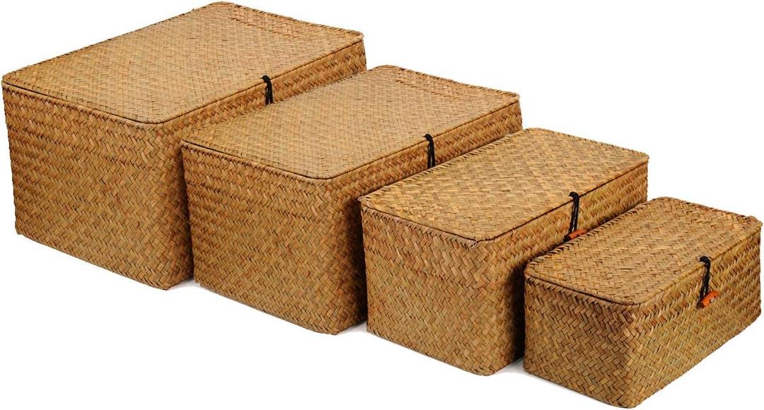 4 Pack, Wicker Baskets with Lids, Nautral Seagrass Storage Baskets, Woven Rectangular Basket Bins, Rattan Storage Organizer for Shelf (Natural)