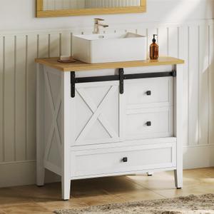DWVO 36" Farmhouse Bathroom Vanity with Sink Combo, Barn Door Bathroom Storage Cabinet with Sliding Door & 3 Drawers, Ceramic Vessel Sink Top, White