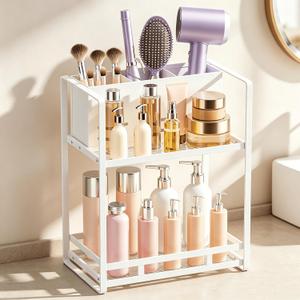SanDream Hair Tool Organizer Bathroom Countertop, 2-Tier Metal Bathroom Organizer with Blow Dryer Holder, Large Capacity Space-Saving Vanity Shelf for Perfume, Skincare & Makeup Storage (White)