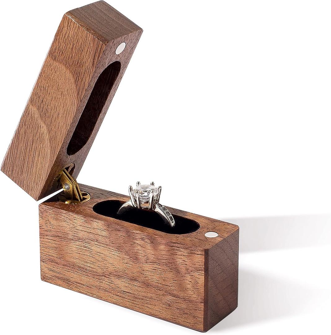 Wooden Engagement Ring Box Small Slim Flat Ring Case for Proposal,Wedding (Walnut Wood)