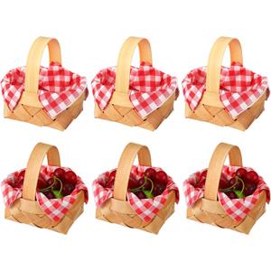 Geelin 6 Pcs Christmas Mini Woven Basket with Handle 20 Sheet Red and White Gingham Paper Napkins Wood Chip Mini Flower Fruit Picnic Basket Chip for Christmas Wedding Party Gift Decoration (Large)