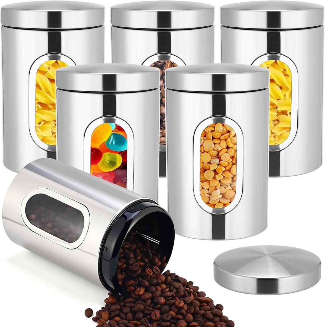 Zopeal 6 Pack Original Canisters Sets for Kitchen 50oz Stainless Steel Kitchen Canisters with Transparent Windows Flour Sugar Container Metal Jar Countertop Set for Coffee Tea Decorative