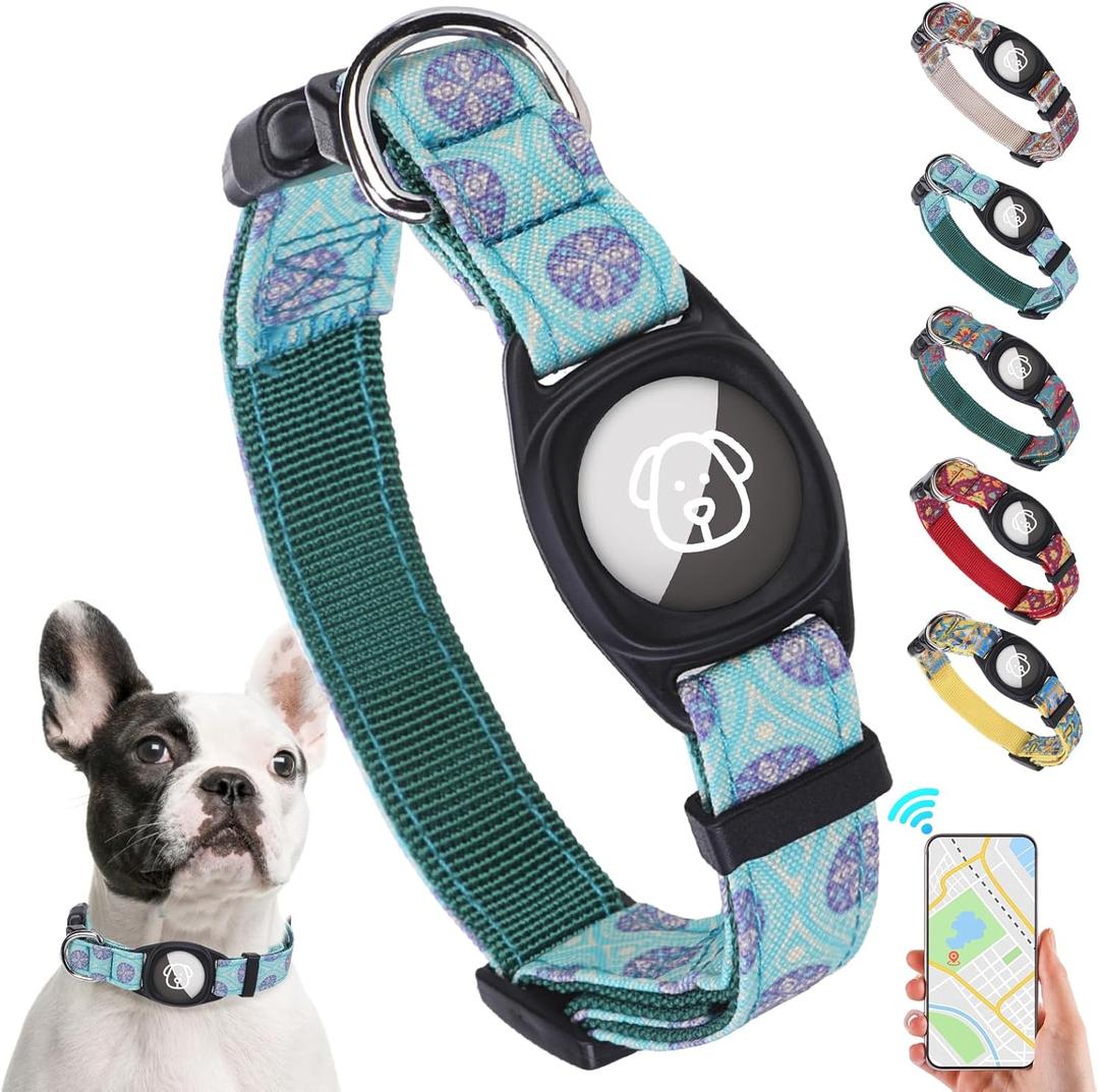SCENEREAL Airtag Dog Collar for Small Medium Dogs, Dog Collar with Durable Airtag Holder, Compatible Apple Air Tag, Anti-Lost Adjustable Soft Comfortable Unique Style, Green S