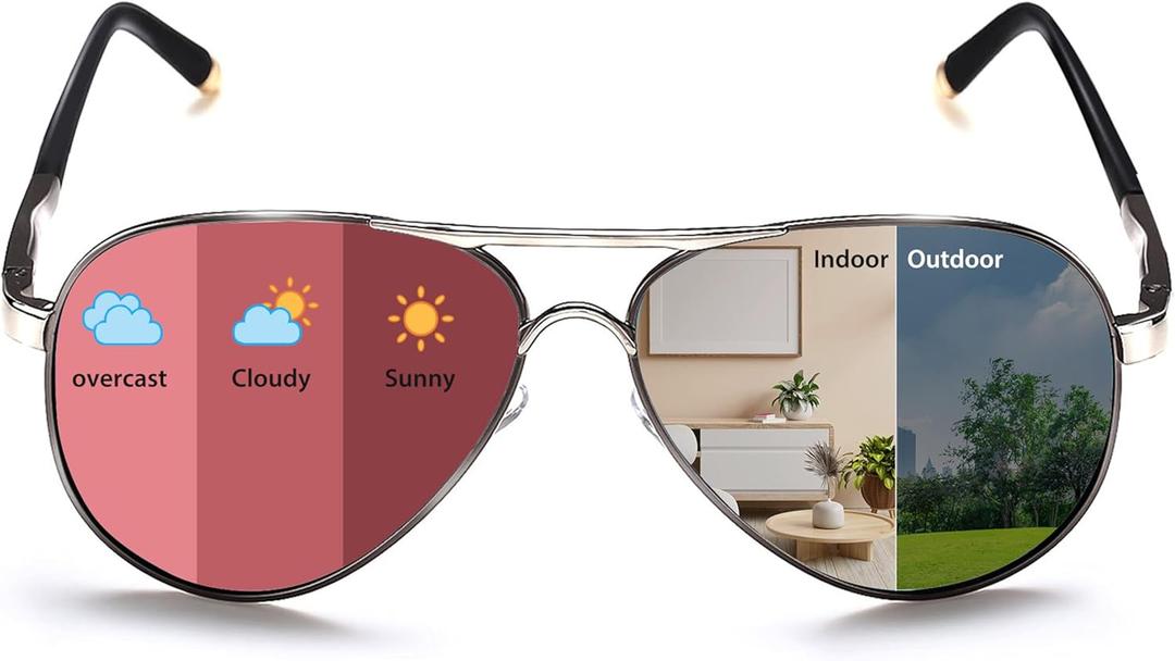ROCKNIGHT Polarized Aviator Sunglasses for Men Women Metal Flat Top Sunglasses lightweight Driving UV400 Outdoor 58mm (Medium, Ruthenium Frame/Photochromic Pink Lens)