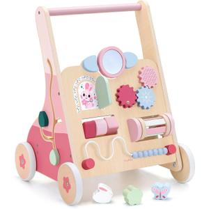 PairPear Wooden Baby Walker Push and Pull Learning Activity Walker, 8-in-1 Montessori Busy Board Push Walker Wooden Activity Center Toys for Boys and Girls 12m+ Pink Rabbit
