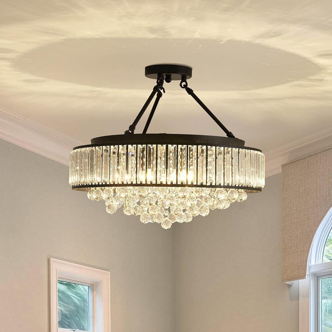 YYJLX 6-Light Modern Large Crystal Chandelier Black Metal E26 Semi Flush Mount Round Light Fixture Ceiling Lamp Farmhouse for Dining Living Room Laundry Foyer Kitchen Balcony Bedroom
