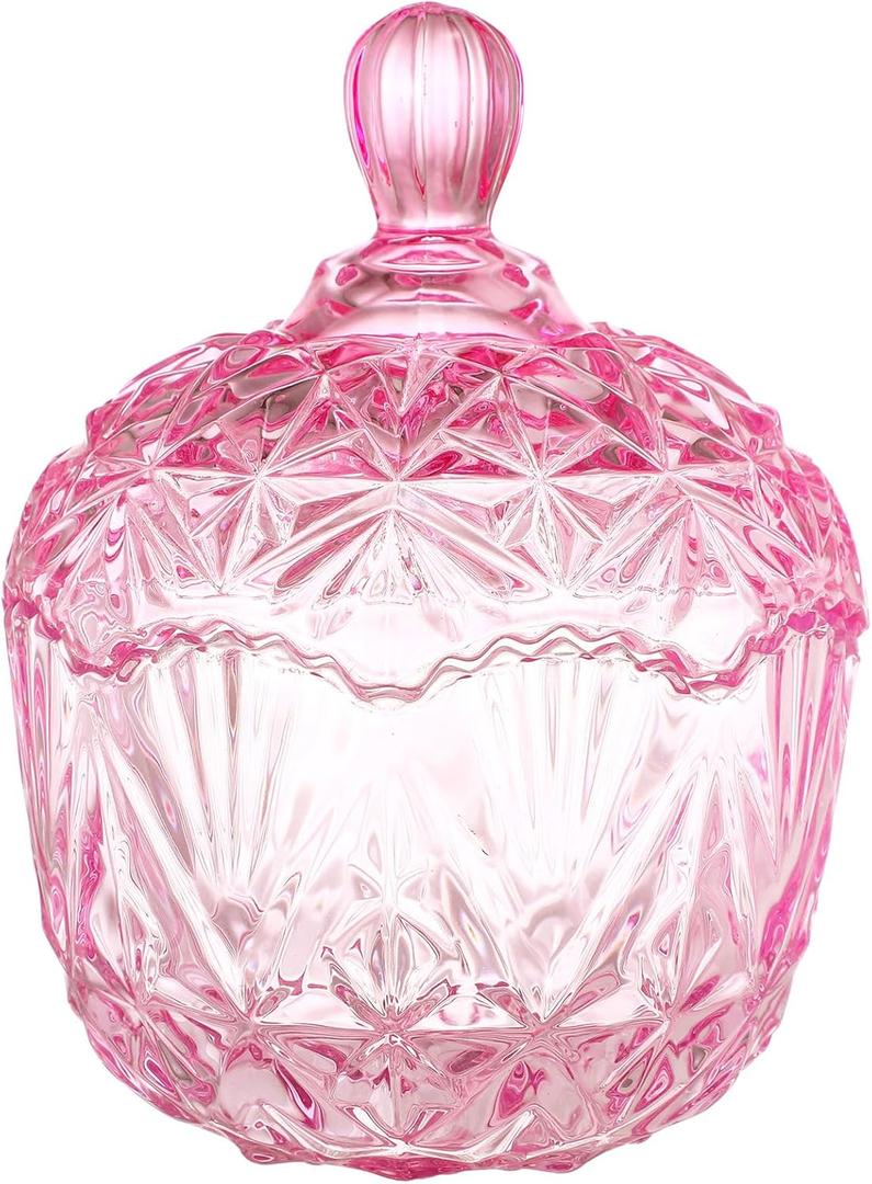 DoubleFill 26 oz Large Glass Candy Dish with Lids Crystal Candy Jar with Lid Easter Spring Decorative Covered Glass Jar Jewelry Box Wedding Buffet Biscuit Containers for Snacks(Pink,Classic)
