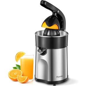 Electric Citrus Juicer Squeezer, Orange Juicer with Two Interchangeable Cones, Suitable for orange, lemon and Grapefruit, Brushed Stainless Steel, Easy to Clean and Use (Black+Silver)