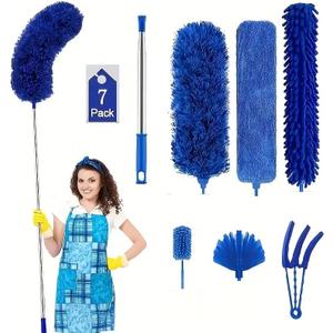 Microfiber Duster, 8PCS Feather Duster with 100 Inch Telescoping Extension Pole, Reusable Bendable Dusters, Washable Lightweight Dusters for High Ceiling, Fan, Blinds, Window, Corners, Blue