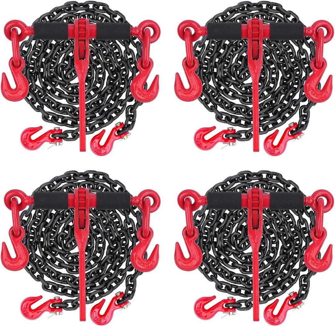 3/8''-1/2'' Chain Binders Grade 80 with 3/8 Transport Binder Chain G80 10ft, 4 Pack 3/8 to 1/2 Ratchet Load Binder 3/8 Tow Chian with G80 Grab Hook, 9,200 Lbs Working Safe Load