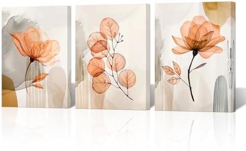 NutArtPic Flower Canvas Wall Art Orange Floral Pictures Minimalist Neutral Wildflower Painting Prints for Home Decor 12''x16''x3pcs