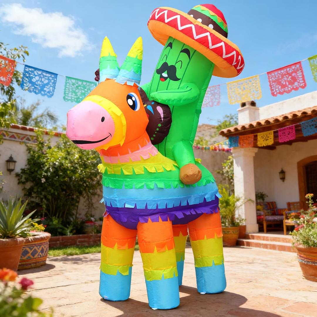 DomKom 6FT Cinco De Mayo Inflatable Cactus Riding Donkey, Mexican Fiesta Party Decor with Sombrero Piata and Built-in LEDs Light Blow up for Garden Lawn Yard