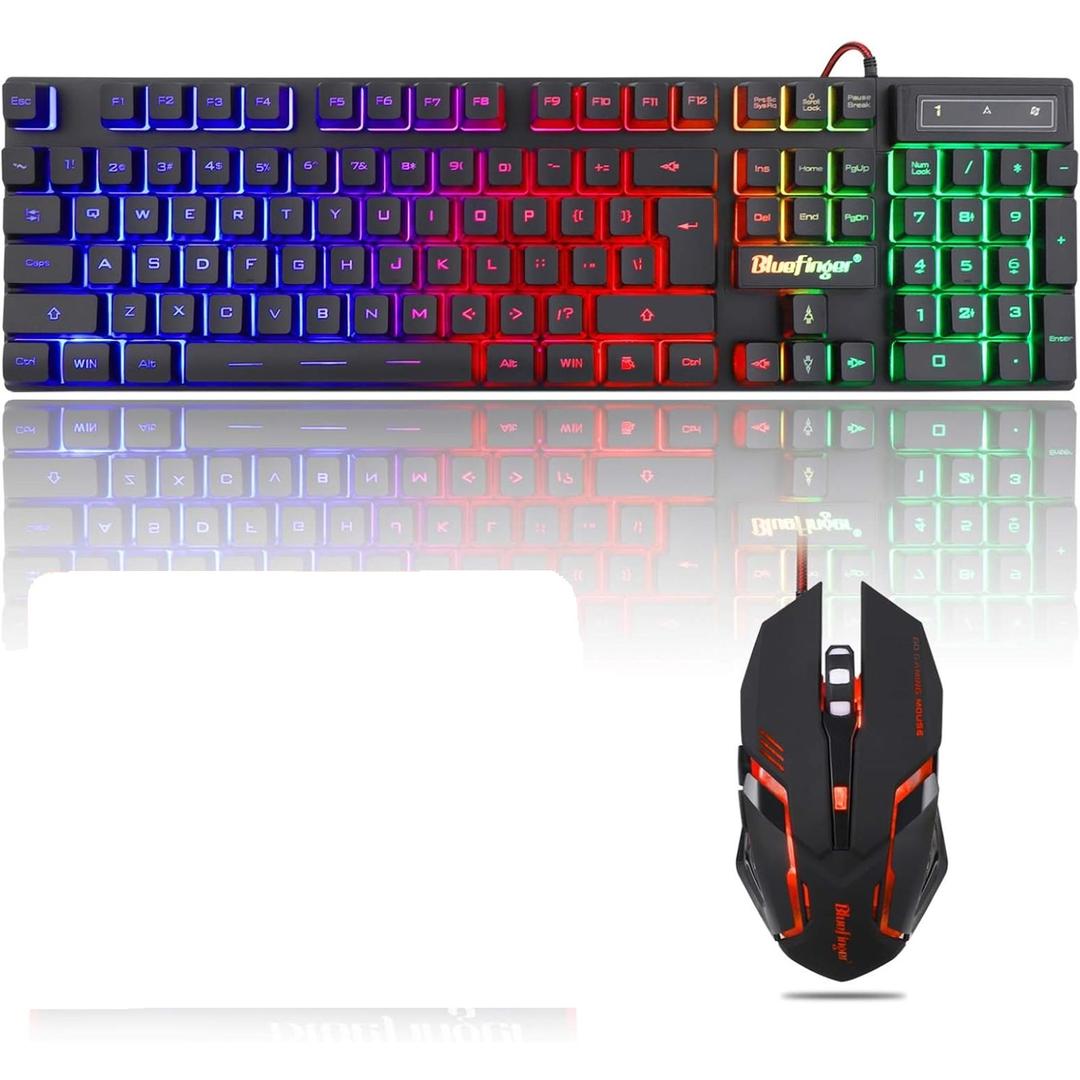 BlueFinger RGB Gaming Keyboard and Backlit Mouse Combo, USB Wired, LED Gaming Set for Laptop PC Computer Game and Work (Black)