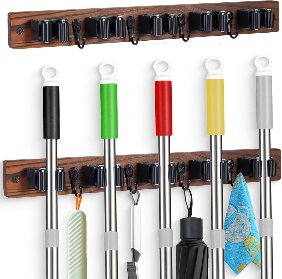 2 PACK Broom Holder Wall Mount With 5 Slots & 4 HooksRustic Wood Broom & Mop HangerWall Mounted Garden & Garage Tool Storage Organizer Rack for Closet Laundry Room or Kitchen Wall Decor