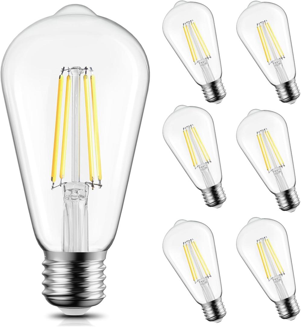 Brightown 6 Pack LED Edison Bulbs, 6W, Equivalent 60W, High Bright 5000K White,750 Lumens, Non-Dimmable, E26 Medium Base ST58 Antique Filament Bulbs with 83+ CRI for Ceiling Fan Bathroom Porch