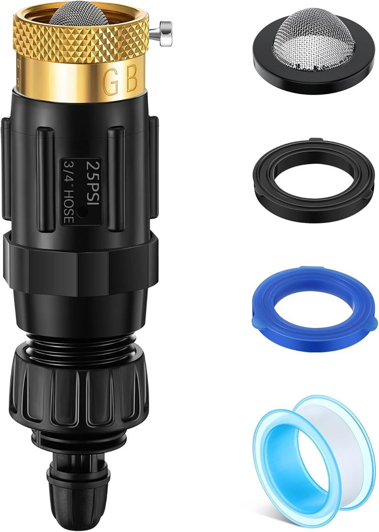 Drip Irrigation Faucet Adapter 25 PSI, 1/4" Tubing Quick Connect to 3/4" Garden Hose with Backflow Preventer, Filter, Plumbers Tape, Pressure Regulator, Copper Drip Irrigation System Fittings
