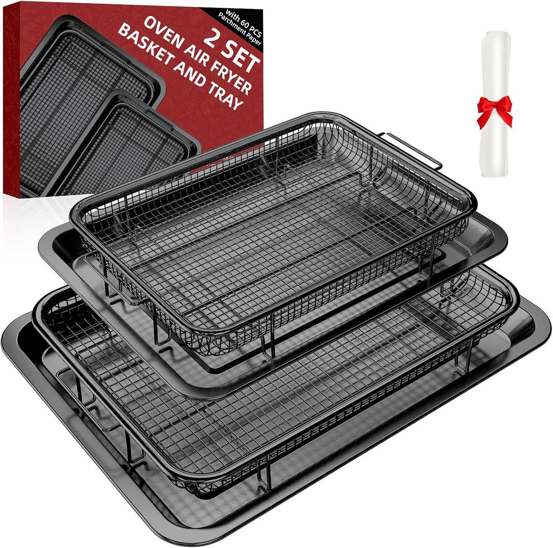 Air Fryer Basket, 2 Set Oven Air Fryer Basket and Tray with 60 PCS Parchment Papers, DEGOVIN Crisper Tray Non-stick Stainless Steel Air Fry Pans for Convection Oven(15.8"  11" & 13"  9.7"-Black)